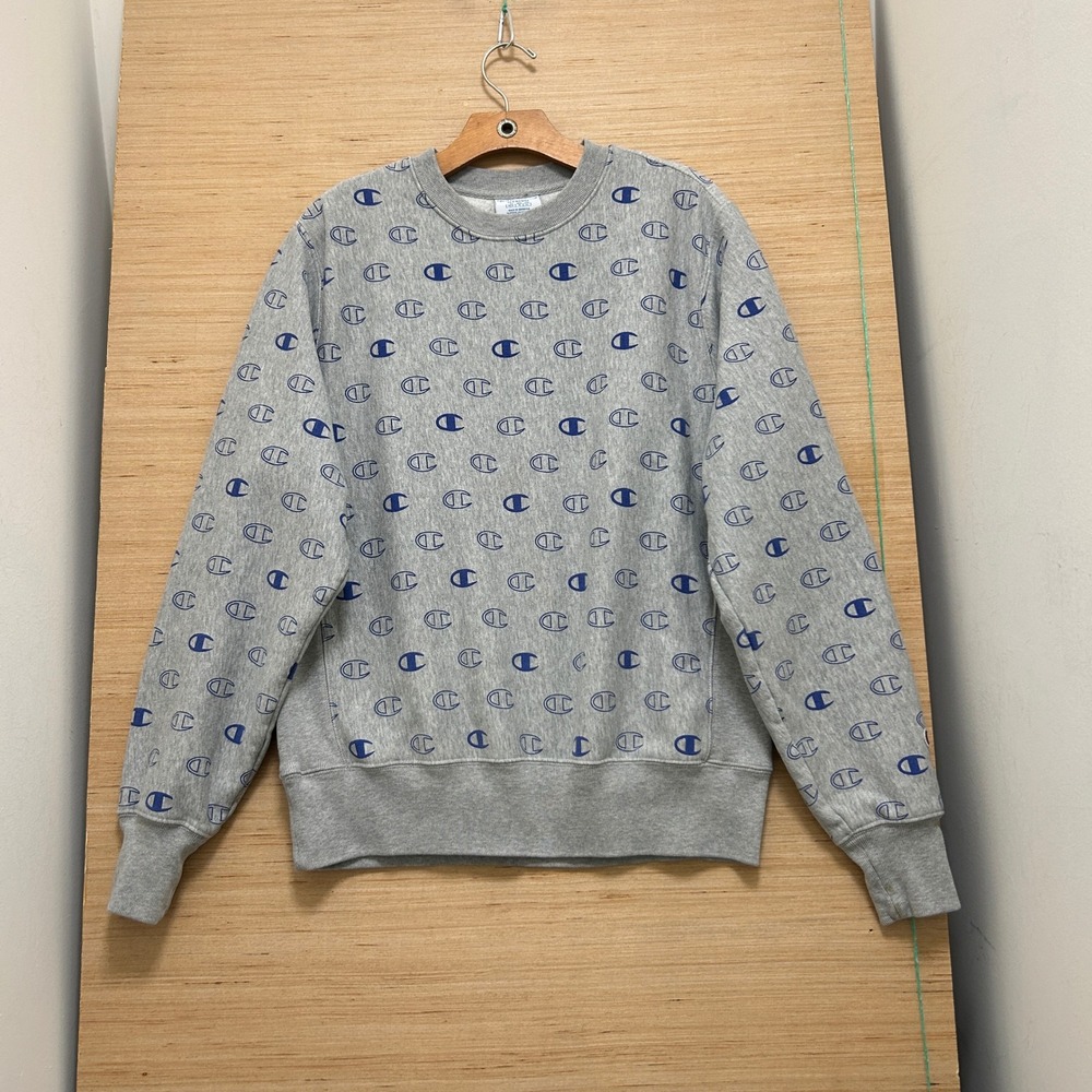 Champion Reverse Weave Sweatshirt Mens Medium Gray All Over Print Logo Crewneck